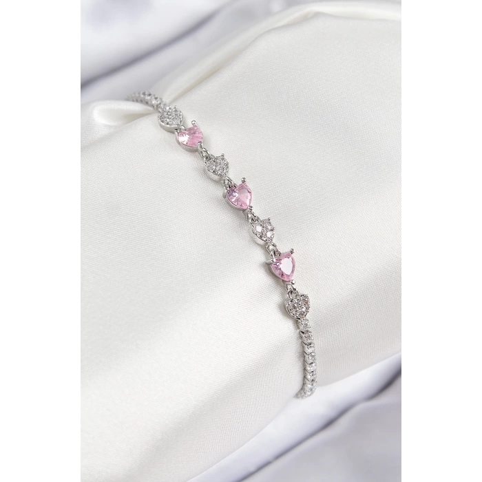 Pirinç Zirkon Taşlı Pembe Kalp Model Gümüş Renk Kadın Bileklik