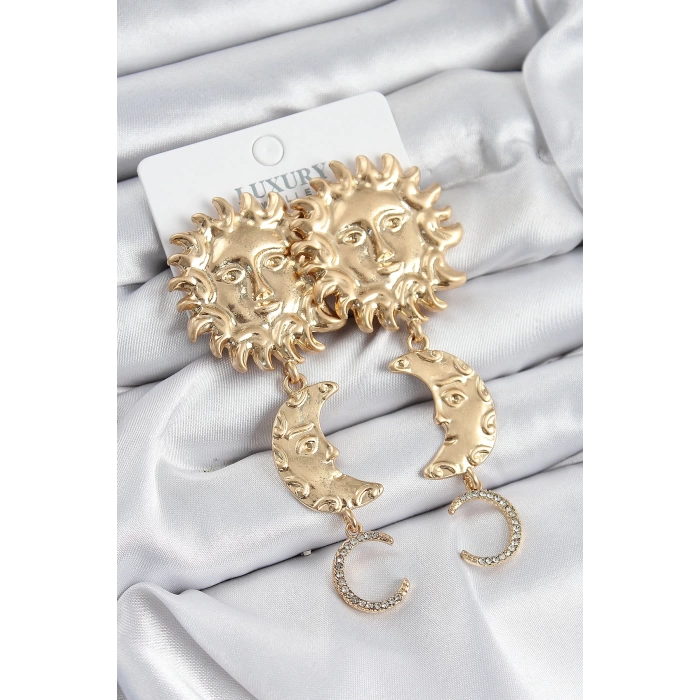 Pirinç Zirkon Taşlı Sallantılı Güneş Model Gold Renk Kadın Küpe