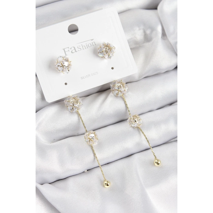 Pirinç Zirkon Taşlı Sallantılı  Model Gold Renk 925 Ayar Gümüş Çivi Kadın Küpe