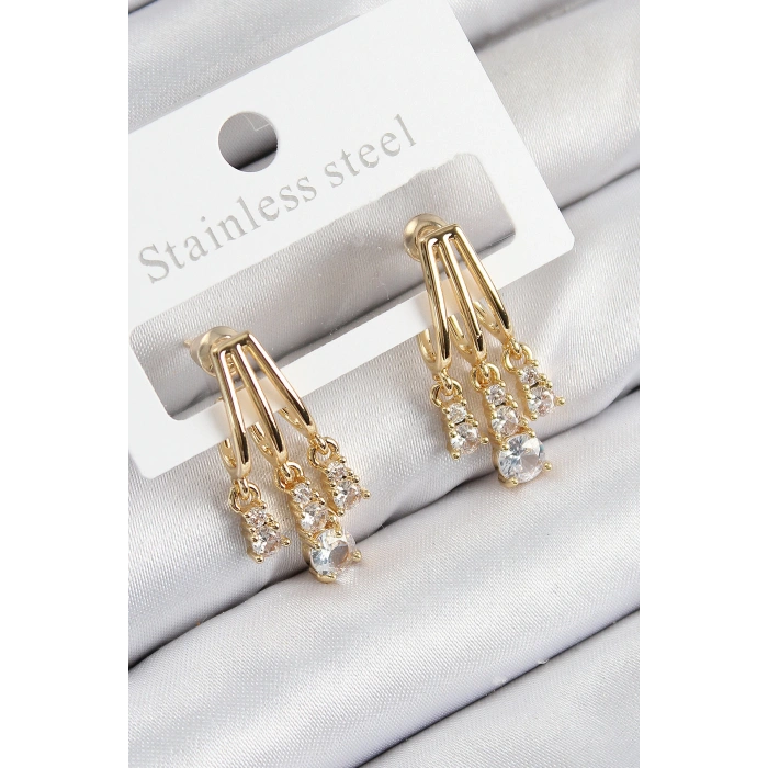 Pirinç Zirkon Taşlı Sallantılı Model Gold Renk Kadın Küpe