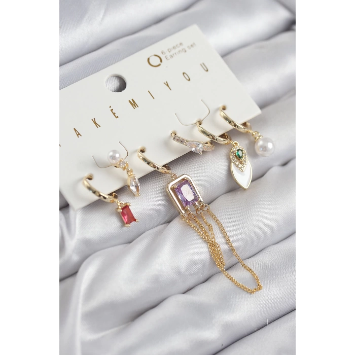 Pirinç Zirkon Taşlı Sallantılı Ve İncili Gold Renk 6lı Küpe Set