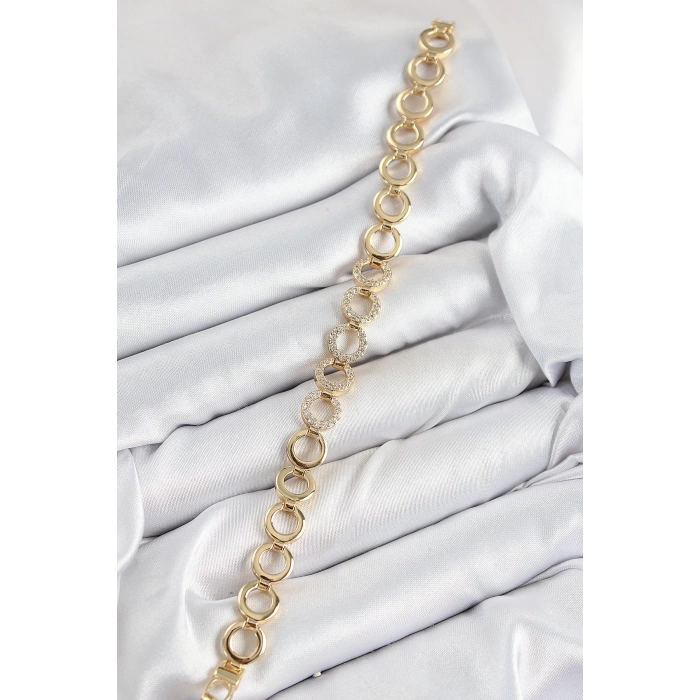 Pirinç Zirkon Taşlı Sıralı Halka Model Gold Renk Kadın Bileklik