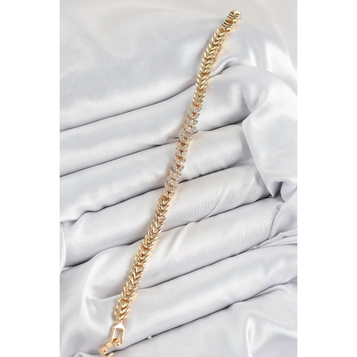 Pirinç Zirkon Taşlı Sıralı Yaprak Model Gold Renk Kadın Bileklik