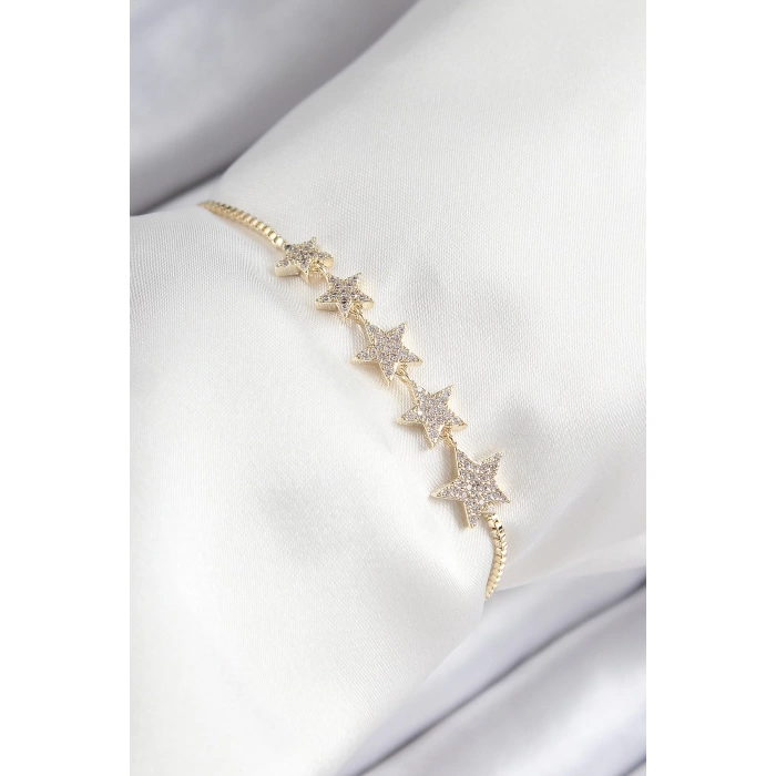 Pirinç Zirkon Taşlı Sıralı Yıldız Model Gold Renk Asansörlü Kadın Bileklik