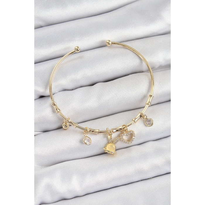 Pirinç Zirkon Taşlı Tavşan Ve Kalp Model Gold Renk Charm Bileklik