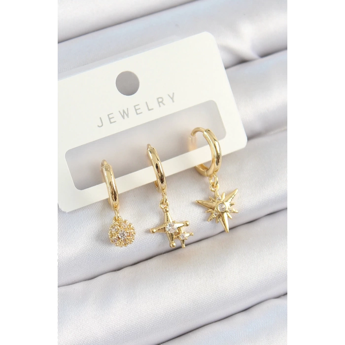 Pirinç Zirkon Taşlı Yıldız Model Gold Renk 3lü Çift Kadın Küpe Set