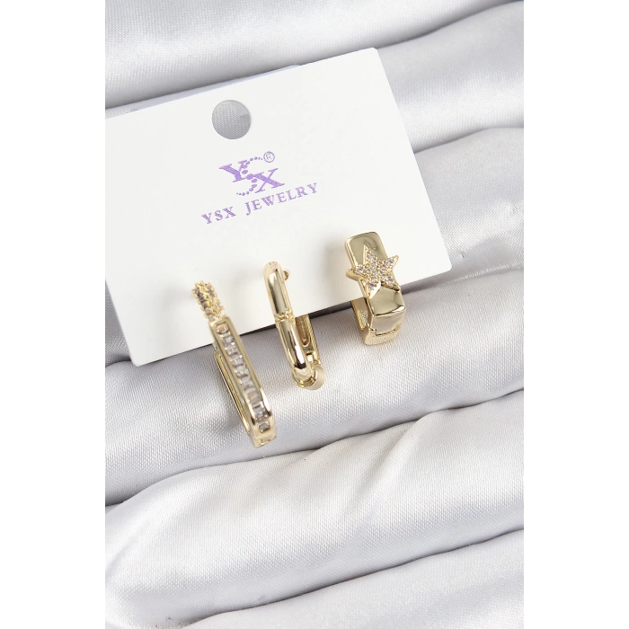 Pirinç Zİrkon Taşlı Yıldız Model Gold Renk 3lü Kadın Küpe