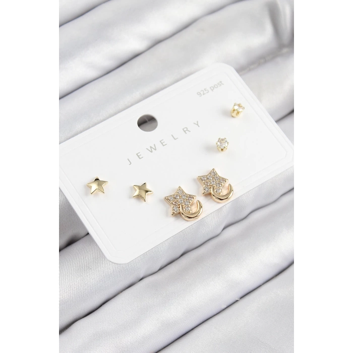 Pirinç Zirkon Taşlı Yıldız Model Gold Renk 925 Ayar Gümüş Çivi Kadın Küpe Set