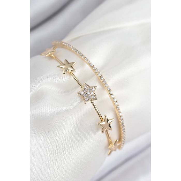 Pirinç Zirkon Taşlı Yıldız Model Gold Renk Kadın Bileklik