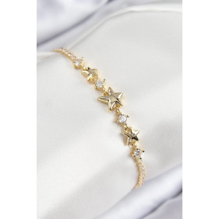 Pirinç Zirkon Taşlı Yıldız Model Gold Renk Kadın Bileklik