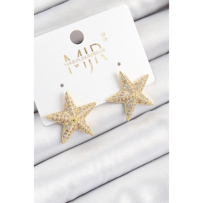 Pirinç Zirkon Taşlı Yıldız Model Gold Renk Kadın Küpe