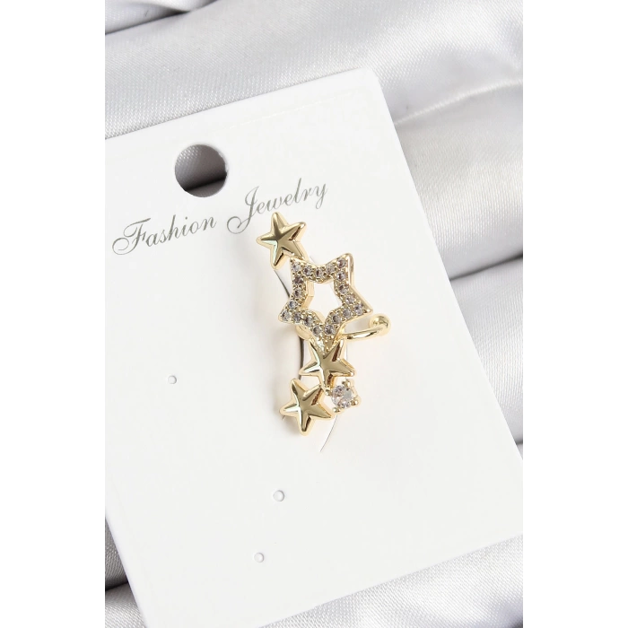 Pirinç Zirkon Taşlı Yıldız Model Gold Renk Sağ Kıkırdak Küpe
