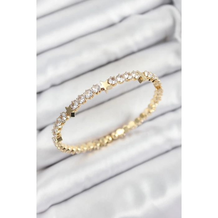 Pirinç Zirkon Taşlı Yıldız Model Gold Renk Yaylı Kadın Bileklik