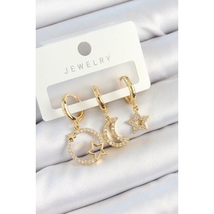Pirinç Zirkon Taşlı Yıldız Ve Ay Model Gold Renk 3lü Çift Kadın Küpe Set