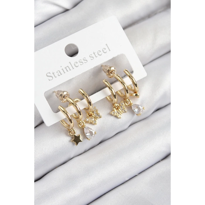Pirinç Zirkon Taşlı Yıldız Ve Kelebek Model Gold Renk Kadın Küpe