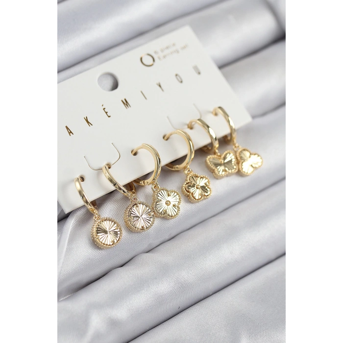 Pirinç Zirkon Taşlı Yonca Model Gold Renk 6lı Küpe Set