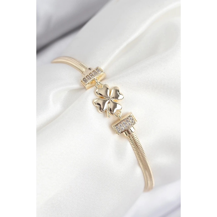 Pirinç Zirkon Taşlı Yonca Model Gold Renk Kadın Bileklik