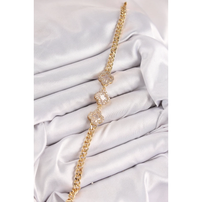 Pirinç Zirkon Taşlı Yonca Model Gold Renk Kadın Bileklik