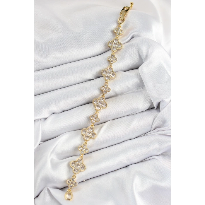Pirinç Zirkon Taşlı Yonca Model Gold Renk VIP Seri Kadın Bileklik