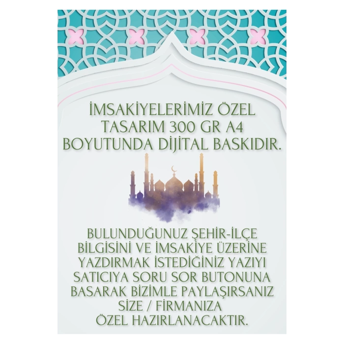 Ramazan İmsakiyesi Modern Kişiye Özel Tasarımlı Dijital Baskı 500 Adet A4 300 gr Model 20