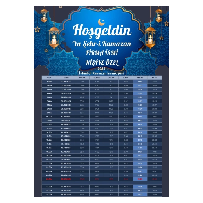 Ramazan İmsakiyesi Modern Kişiye Özel Tasarımlı Dijital Baskı 500 Adet A4 300 gr Model 24