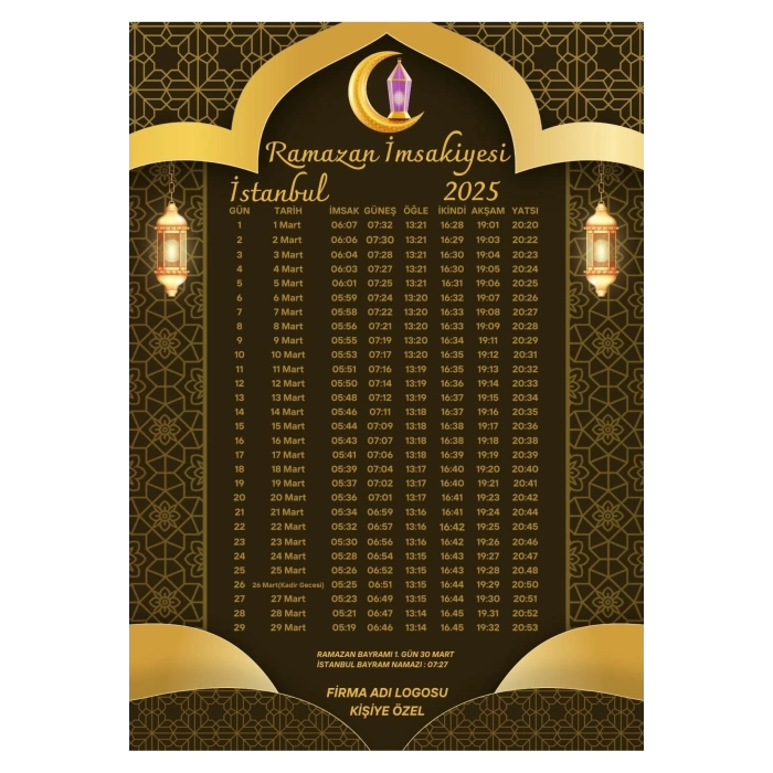 Ramazan İmsakiyesi Modern Kişiye Özel Tasarımlı Dijital Baskı 500 Adet A4 300 gr Model 47