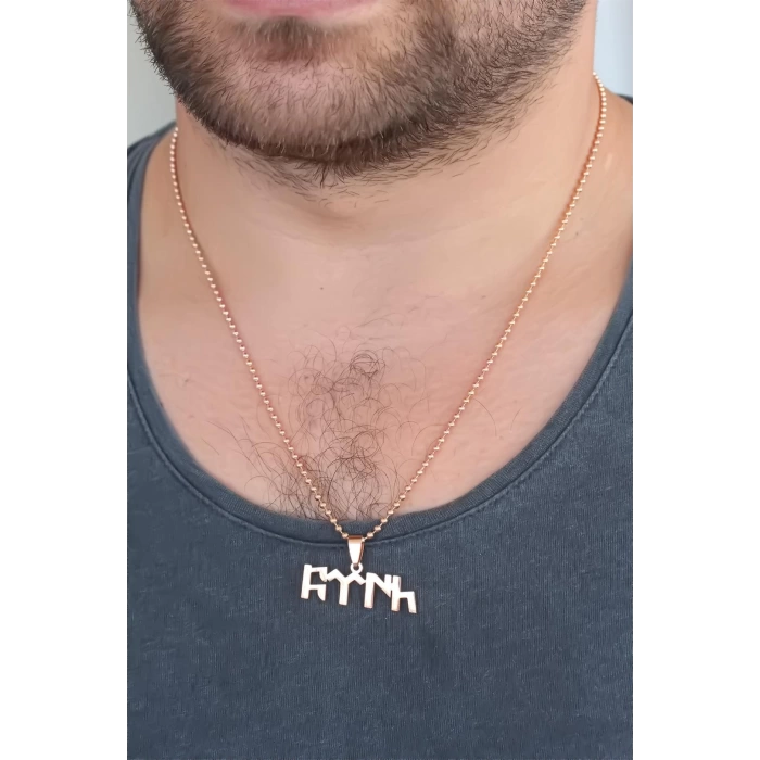 Rose Renk Metal Göktürkçe Türk Yazı Figürlü Erkek Kolye