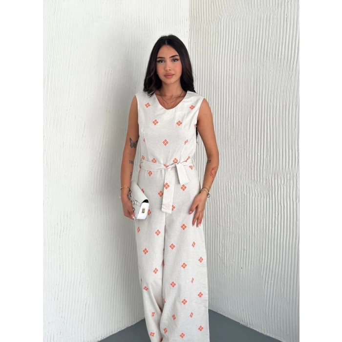 Sırt dekolteli keten beyaz tulum S1036