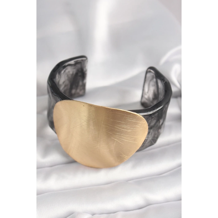 Siyah Mermer Desen Akrilik Plastik Gold Daire Plaka Model Vintage Kadın Bilezik