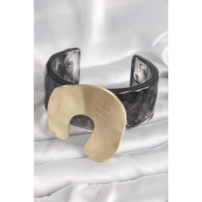 Siyah Mermer Desen Akrilik Plastik Gold Nal Model Plaka Vintage Kadın Bilezik
