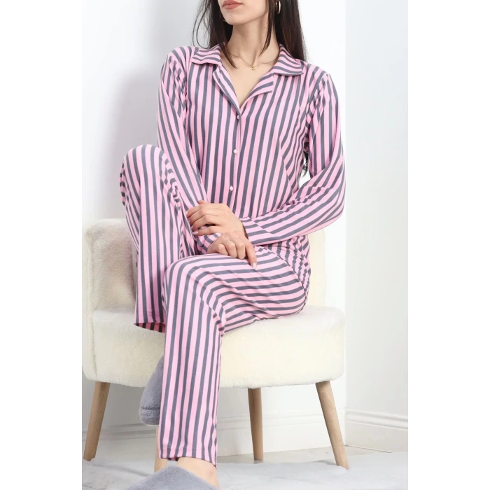 Süet Pijama Takımı Pembeçizgili - 40003.1049.