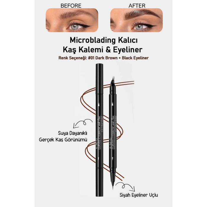 Suya Dayanıklı Çatal Uçlu Kaş Kalemi – 2’si 1 Arada Krem Microblading Etkili Eyeliner & Kaş Kalemi