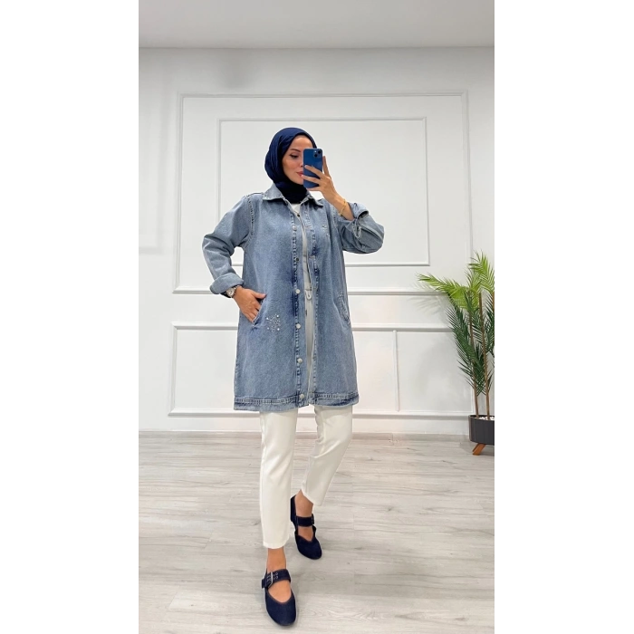 Taşlı tunik ceket kar yıkamalı mavi d2516