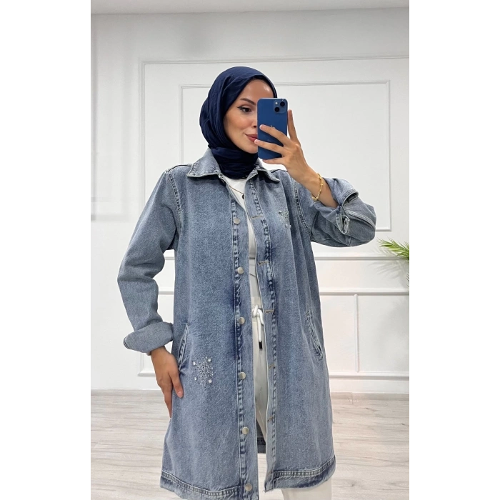 Taşlı tunik ceket kar yıkamalı mavi d2516