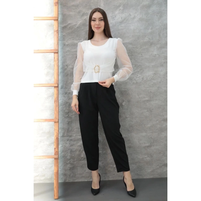 Tokalı tül kollu bluz beyaz t4071
