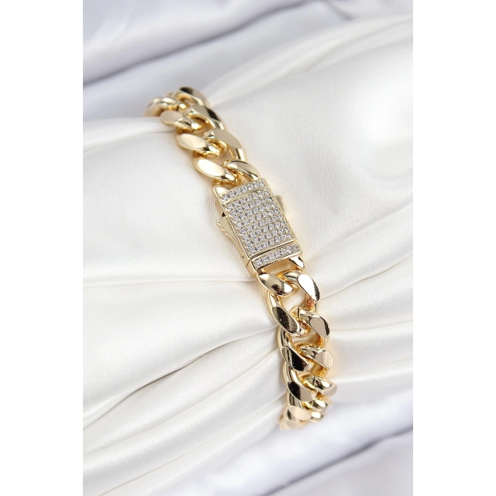 VIP Pirinç Zirkon Taşlı Cuba Model Gold Renk Kadın Bileklik