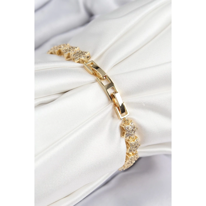 VIP Seri Pirinç Zirkon Taşlı Sıralı Yıldız Model Gold Renk Kadın Bileklik