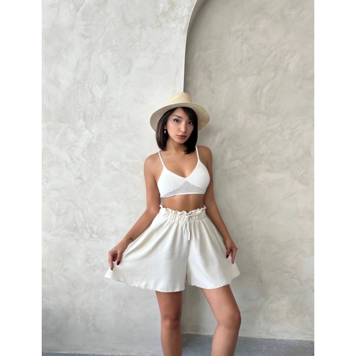 Volanlı keten şort bej s255058