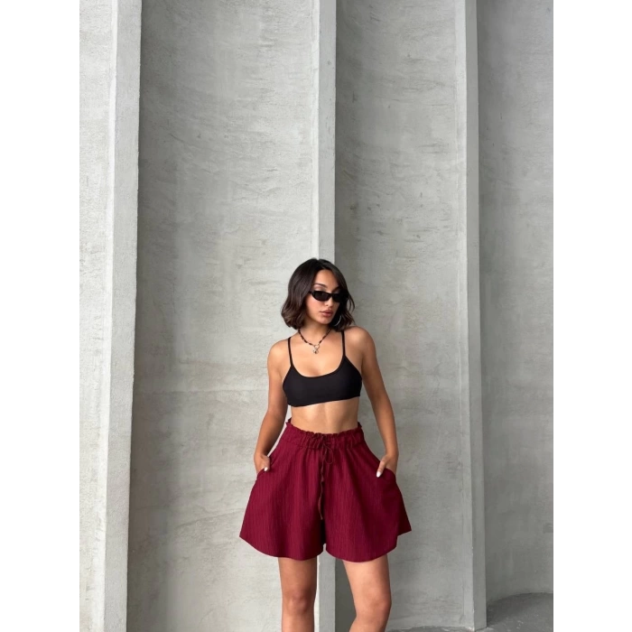 Volanlı keten şort bordo s255058