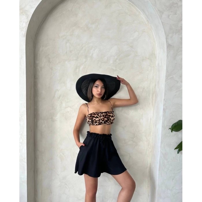 Volanlı keten şort siyah s255058
