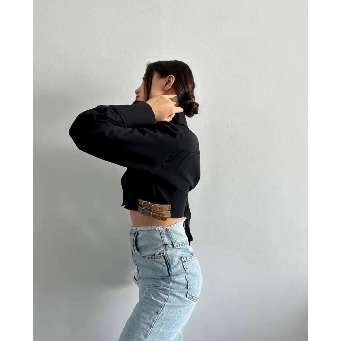 Yanı kemer detaylı crop gömlek siyah s4009