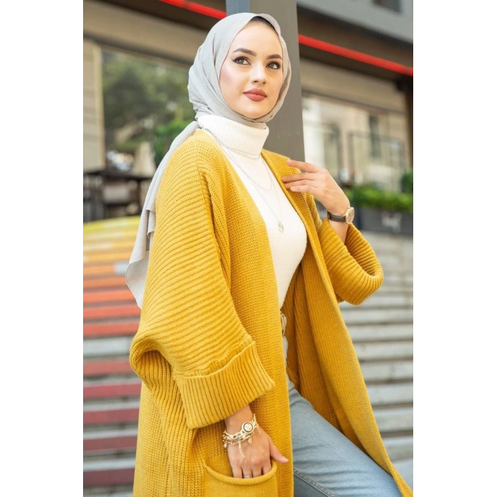 Yarasa kol uzun triko hırka hardal