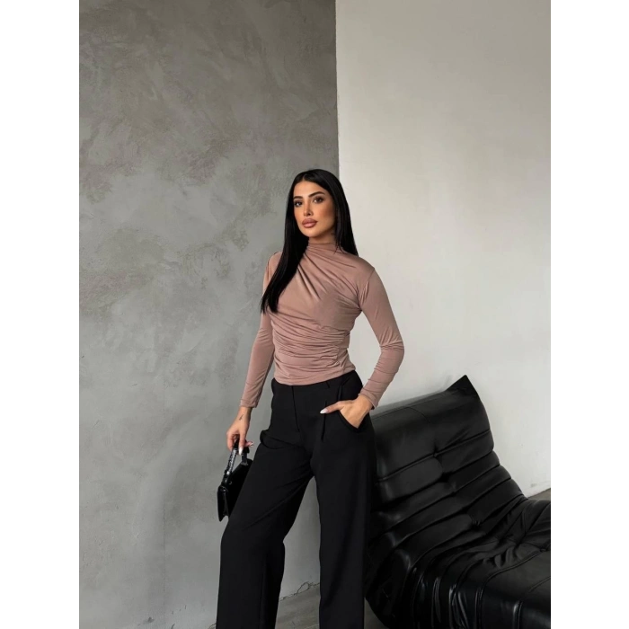 Yarım boğazlı bluz vizon f2245