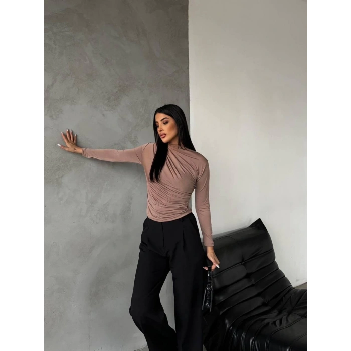 Yarım boğazlı bluz vizon f2245
