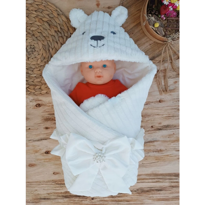 Yenidoğan Beyaz Wool Yün Kumaş Ayıcık Kulaklı Kundak Bebek Battaniyesi