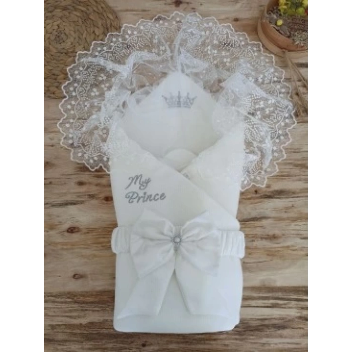 Yenidoğan Sahra Taç Benim Prensim Nakışlı Kundak Bebek Battaniyesi