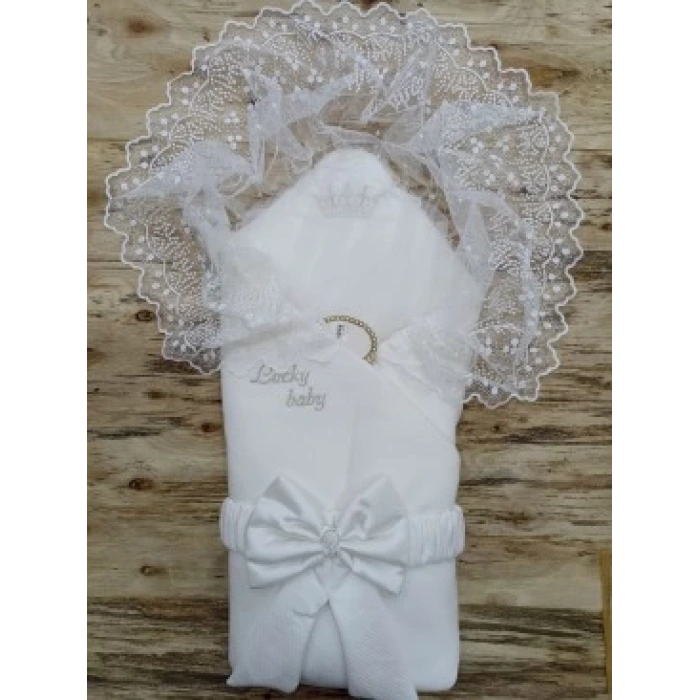 Yenidoğan Sahra Taç Lucky Baby Nakışlı Kumru Kundak Bebek Battaniyesi