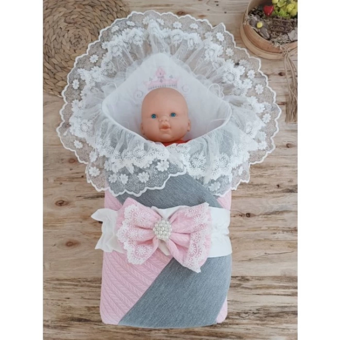Yenidoğan Teri Cotton Taç Nakışlı Prizma Taş Kundak Bebek Battaniyesi