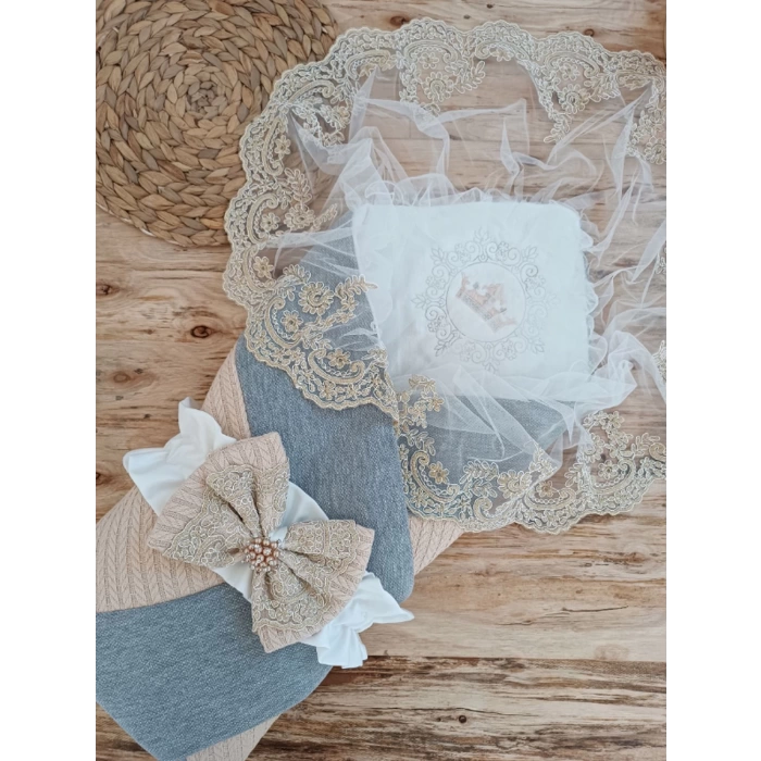 Yenidoğan Teri Cotton Taç Nakışlı Prizma Taş Kundak Bebek Battaniyesi