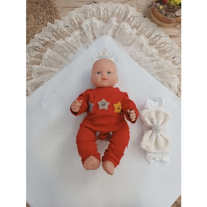 Yenidoğan Teri Cotton Taç Nakışlı Prizma Taş Kundak Bebek Battaniyesi